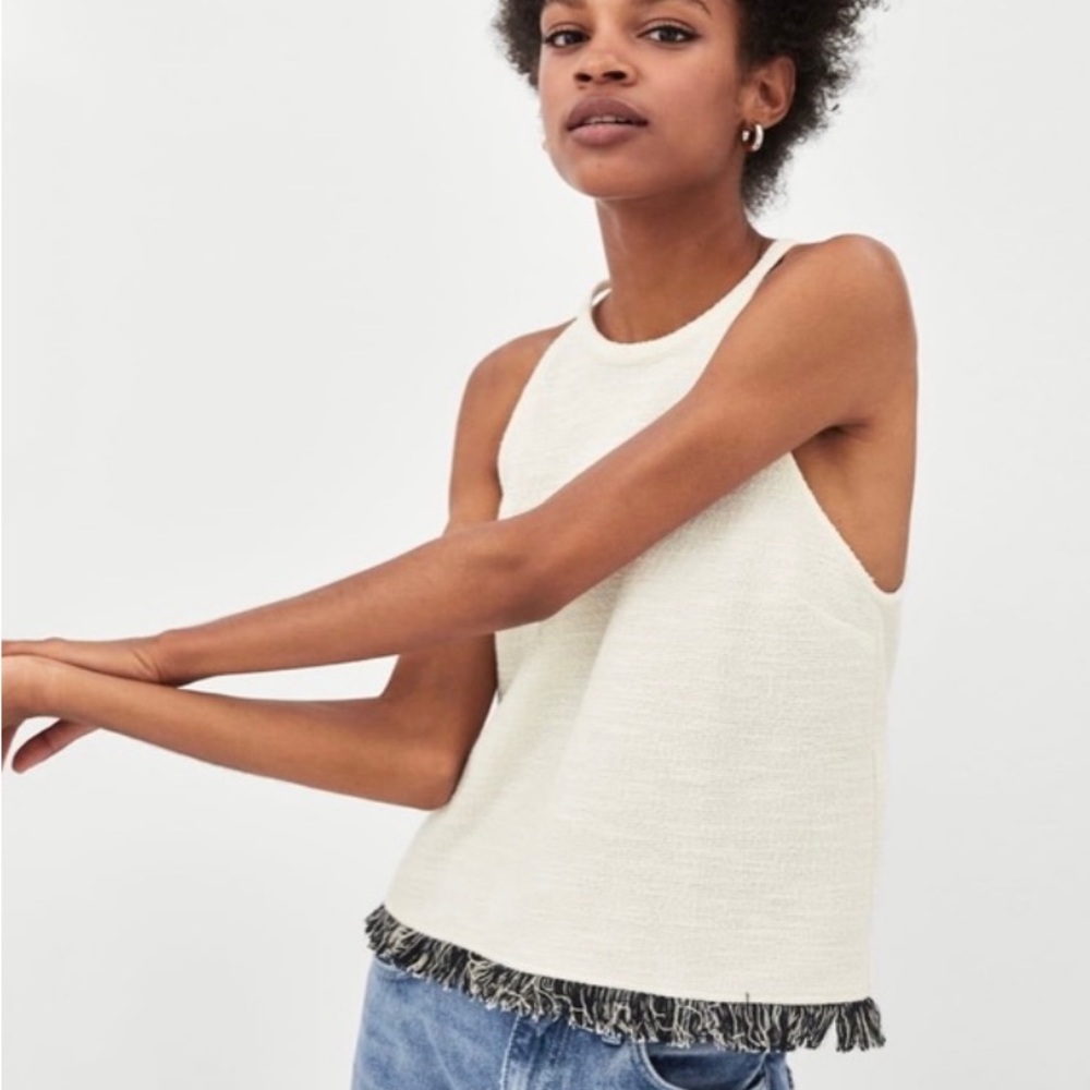 Zara Traufaluc Cream Black Fringe Top Size Small